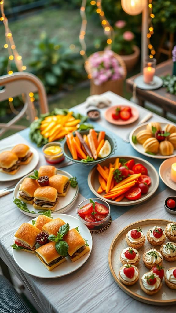 A variety of stylish engagement party food, including mini sliders, fresh vegetables, and colorful garnishes.