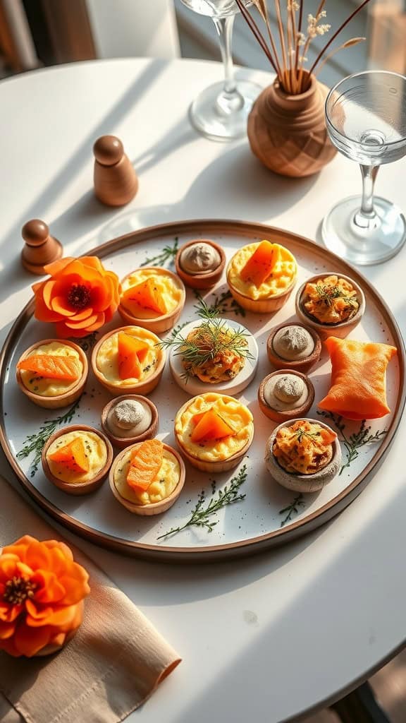 Elegant appetizers including tartlets filled with cream cheese and smoked salmon, garnished with dill and lemon.