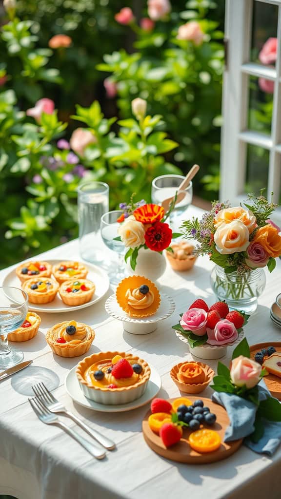 A beautifully arranged table with fruit tarts and fresh flowers for a brunch party.