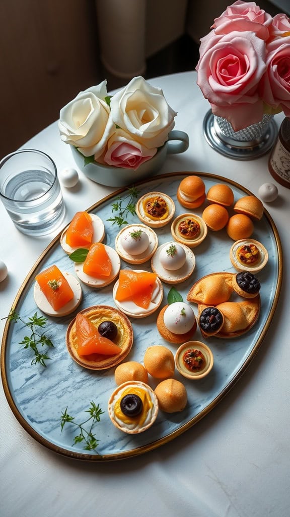 A platter of elegant canapés including cucumber slices topped with cream cheese and smoked salmon, garnished with dill and capers.