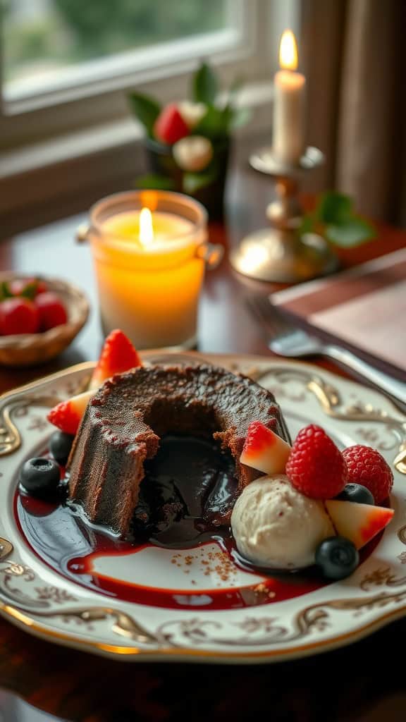 An elegant chocolate lava cake served with ice cream and fresh berries.