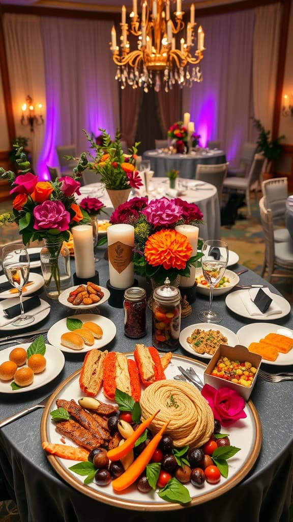 Elegant engagement party food table with a charcuterie board featuring meats, cheeses, fruits, and garnishes.