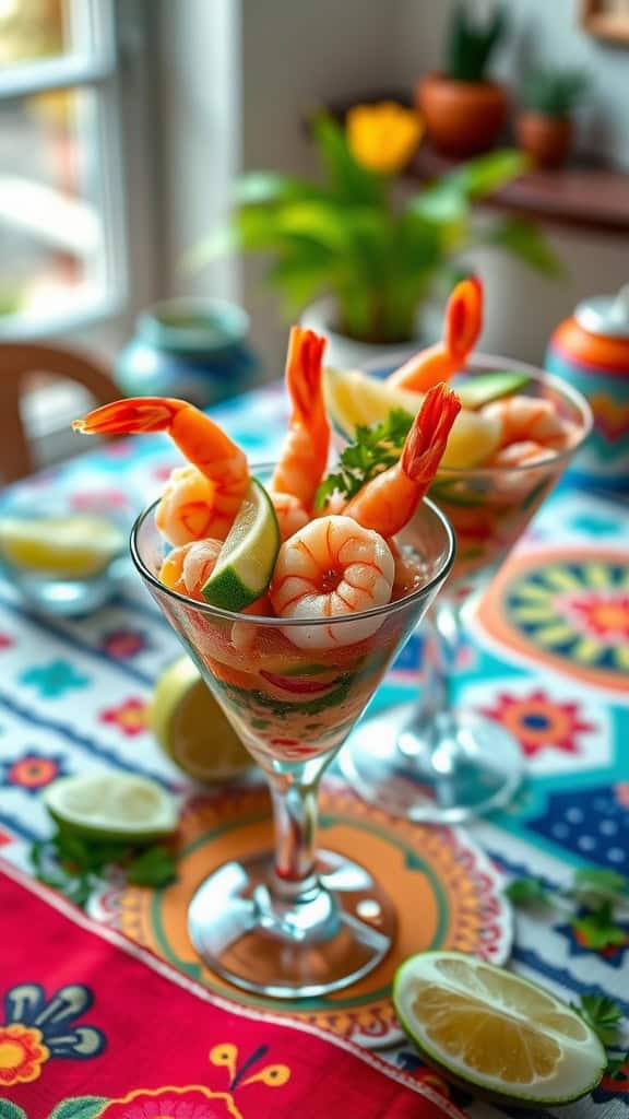 Shrimp ceviche served in elegant cups with lime and cilantro garnish.