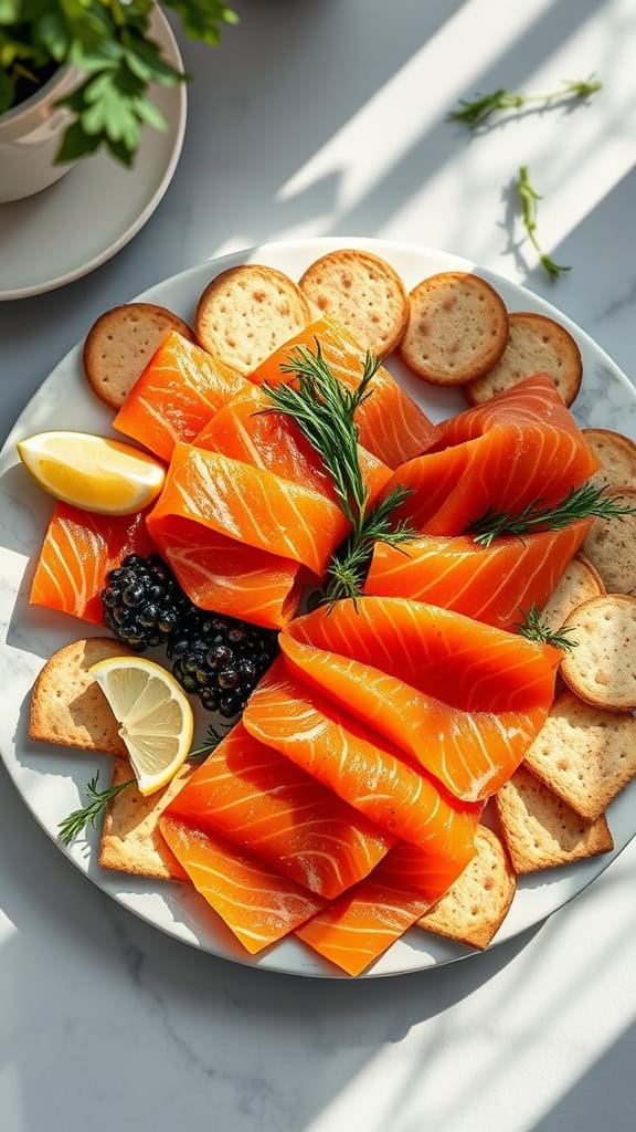 A beautifully arranged platter featuring smoked salmon, caviar, crackers, and garnished with lemon and herbs.