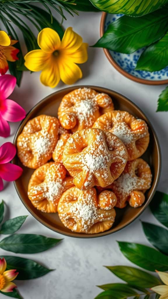 Delicious elephant ear pastries dusted with powdered sugar on a plate.