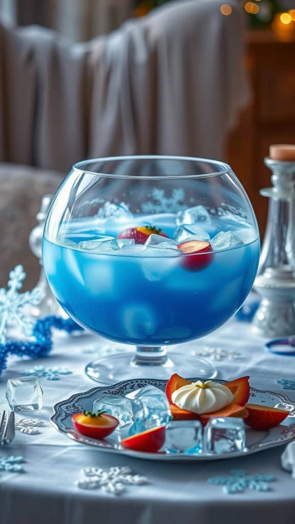 A vibrant blue punch served in a bowl, garnished with fruit slices and ice cubes.