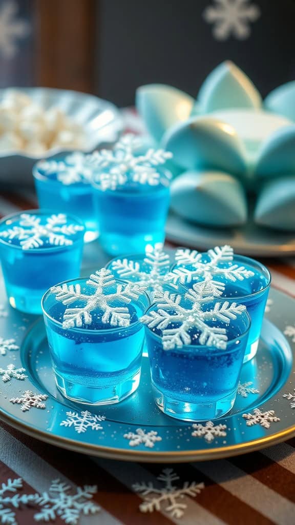 Icy blue Jello cups with snowflake decorations