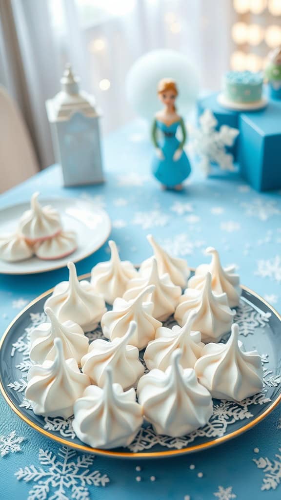 A plate of white meringue kisses on a snowy blue table, perfect for a Frozen-themed birthday party.