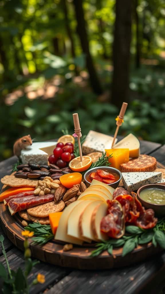 A beautifully arranged charcuterie board featuring assorted cheeses, meats, fruits, nuts, and crackers.