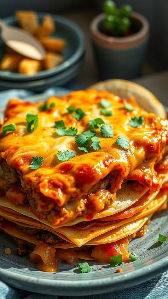 A delicious enchilada casserole with layers of tortillas, meat, cheese, and cilantro on top.