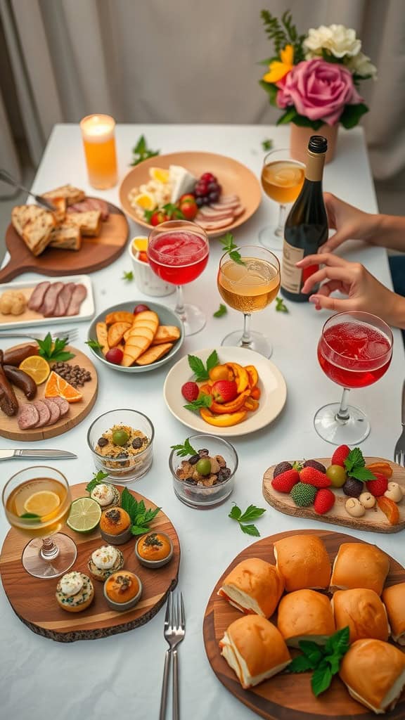 A spread of delicious engagement party food including mini sliders and drinks.