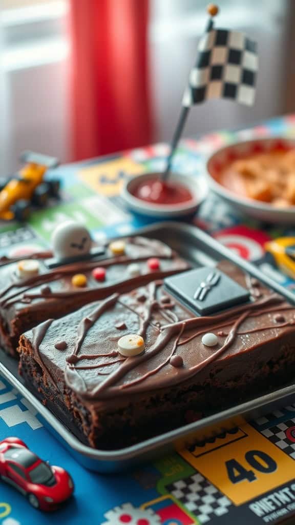 A tray of brownies decorated like an engine block for a race car party.