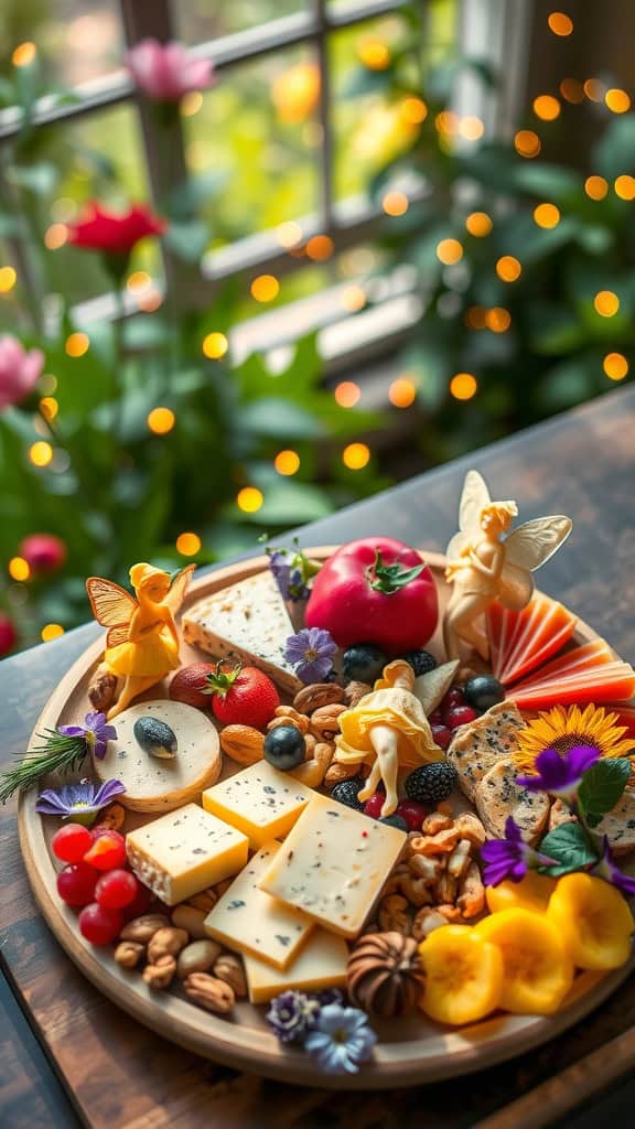 A whimsical cheese board featuring assorted cheeses, fresh fruits, nuts, and edible flowers.