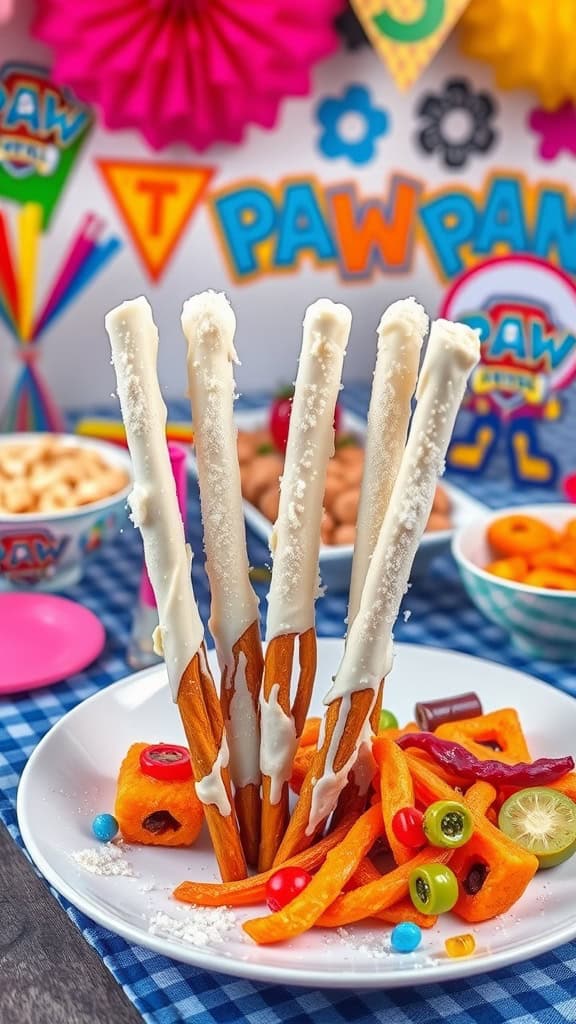 Snowy pretzel rods decorated with white chocolate and coconut, perfect for a Paw Patrol party.