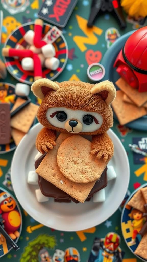 A plate of Ewok Teddy S'mores, showcasing teddy bear treats and classic s'mores ingredients.