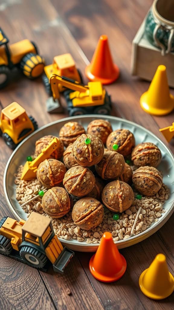 Plate of no-bake energy bites surrounded by toy construction vehicles and cones