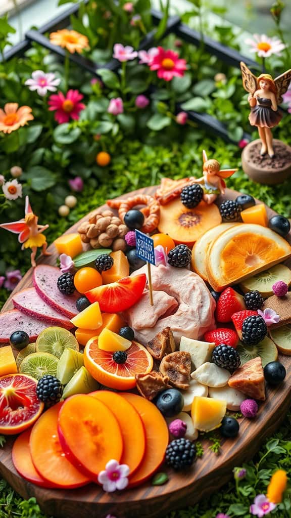 Colorful fruit and cheese grazing board with nuts and pretzels, decorated for a fairy garden theme.