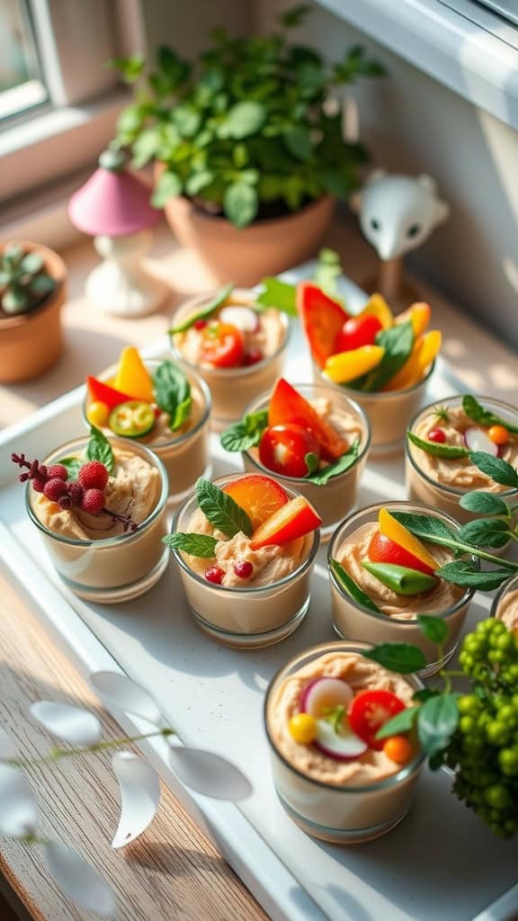 Colorful veggie cups filled with hummus and fresh vegetables, garnished with herbs.