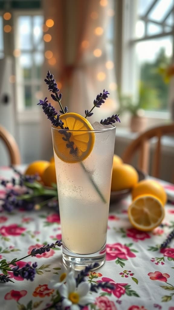 A refreshing glass of lavender lemonade garnished with a lemon slice and lavender sprigs.