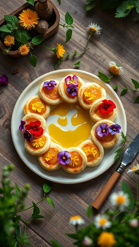 A plate of mini pancakes arranged in a ring with honey and colorful edible flowers.