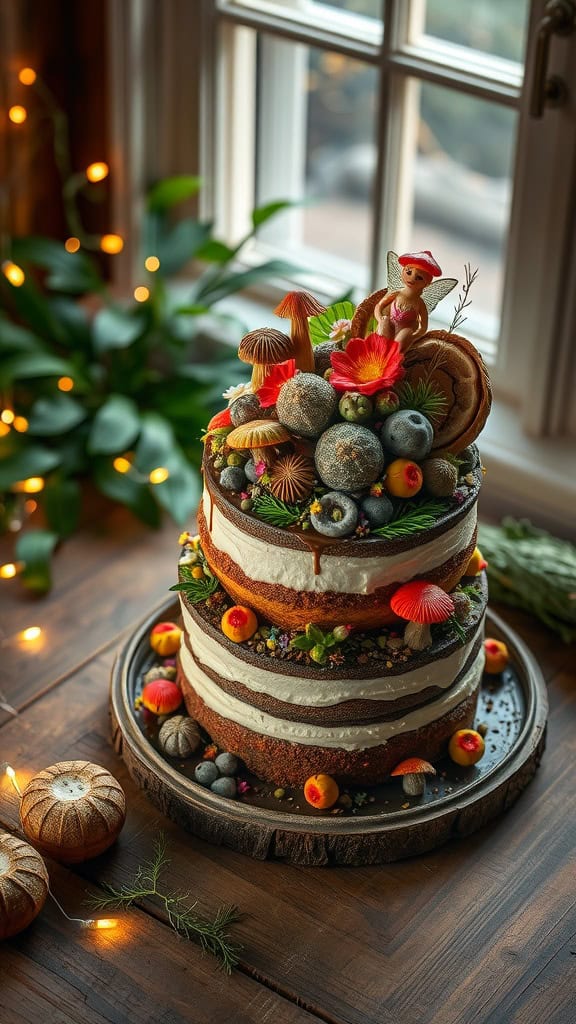 A multi-layered cake with woodland decorations, perfect for a fairy tale-themed party.