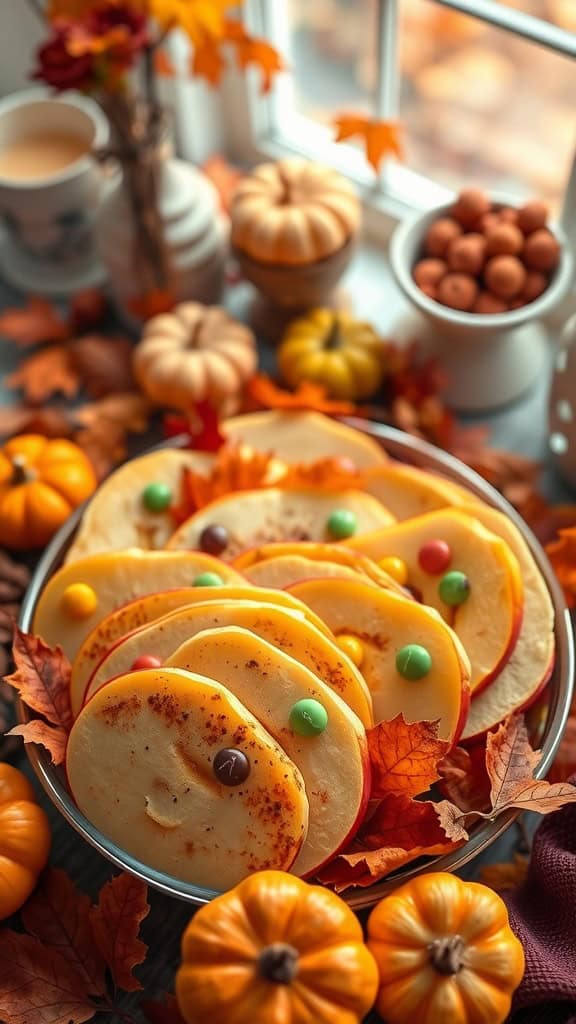 Candy-coated apple slices decorated with various toppings, set on a fall-themed table.