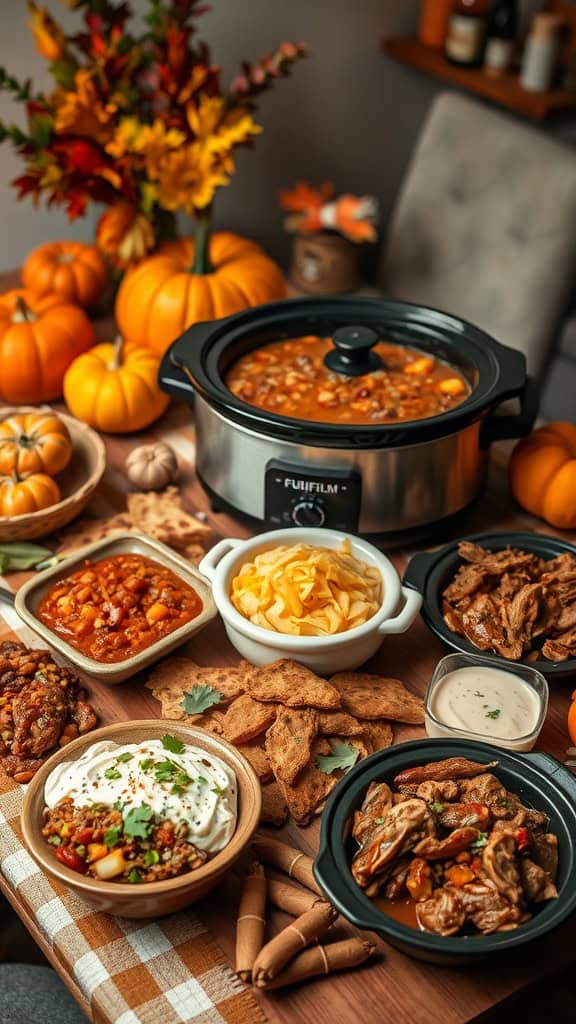 A cozy fall gathering with crockpot dishes, including chili and various toppings