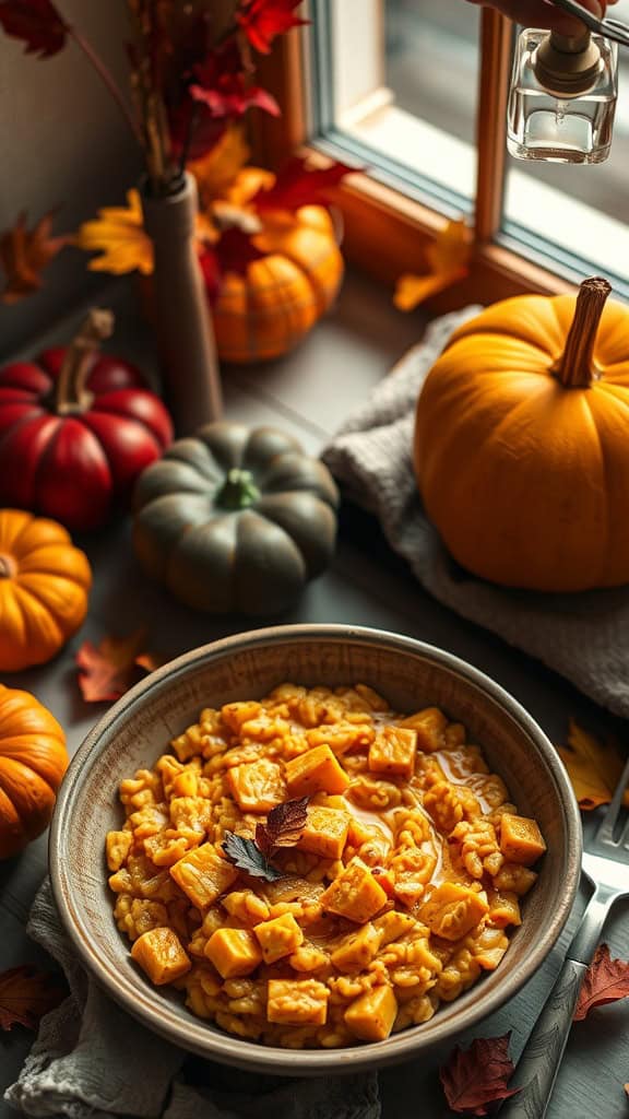 A comforting bowl of butternut squash risotto topped with fresh herbs