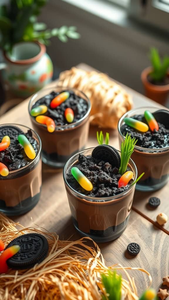 Delicious Farmyard Dirt Cups made with chocolate pudding, crushed Oreos, and gummy candies.