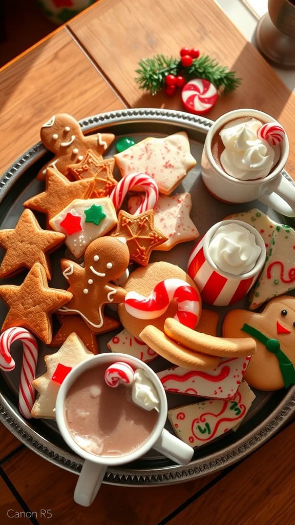 A festive platter featuring colorful holiday cookies and cups of hot cocoa.