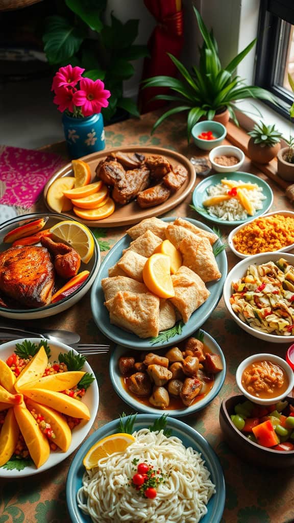 A colorful spread of traditional Filipino party foods, including spring rolls, fruits, and various dishes.