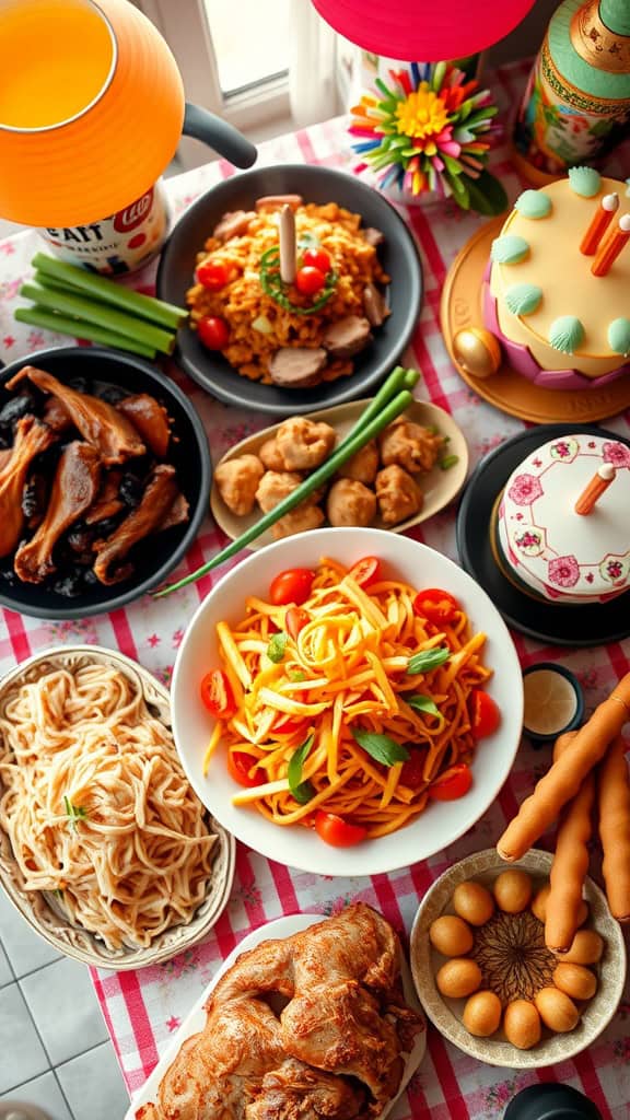 A vibrant display of traditional Filipino party food featuring Pancit and other dishes.