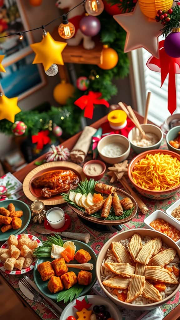 A table set with various Filipino dishes for a Christmas party celebration.