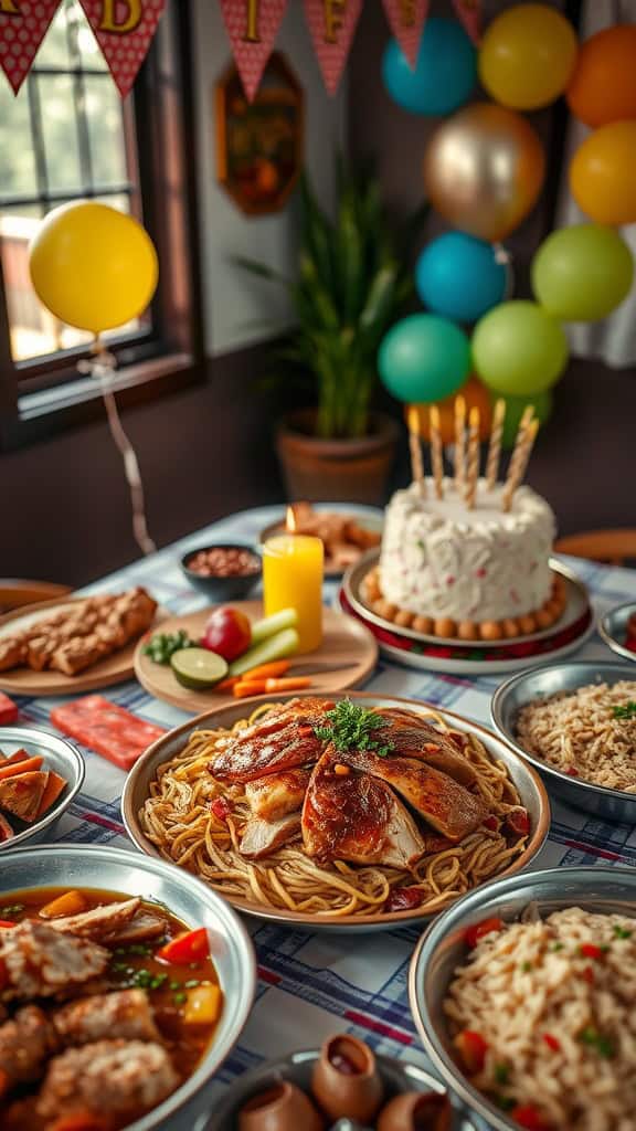 A festive table setting featuring a variety of Filipino dishes, including Chicken Adobo and Pancit, perfect for a birthday party.