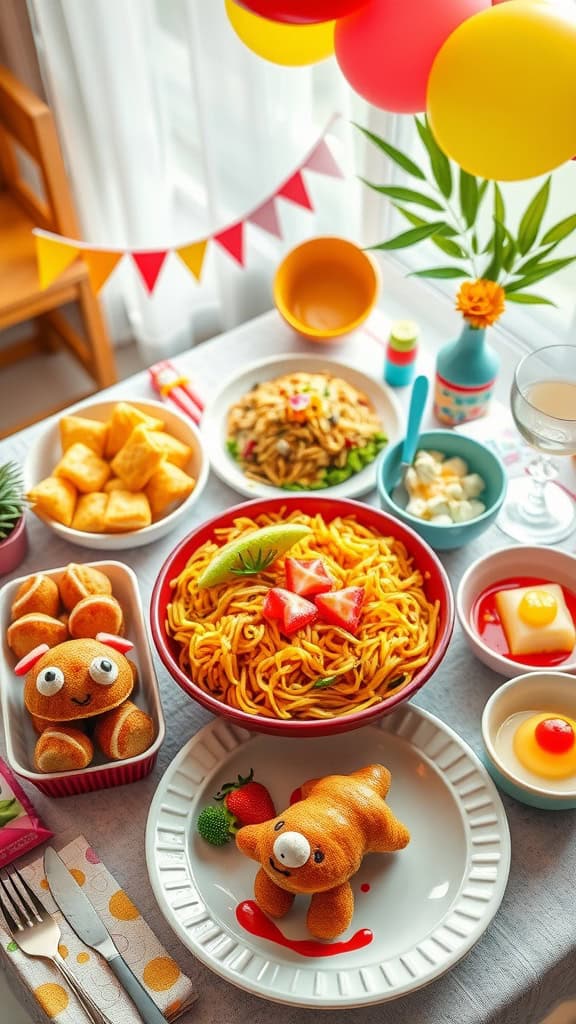 Colorful plate of chicken spaghetti with playful toppings suitable for kids.