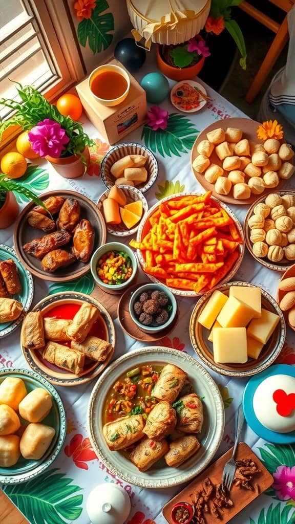 A table filled with various Filipino party foods including spring rolls and desserts.