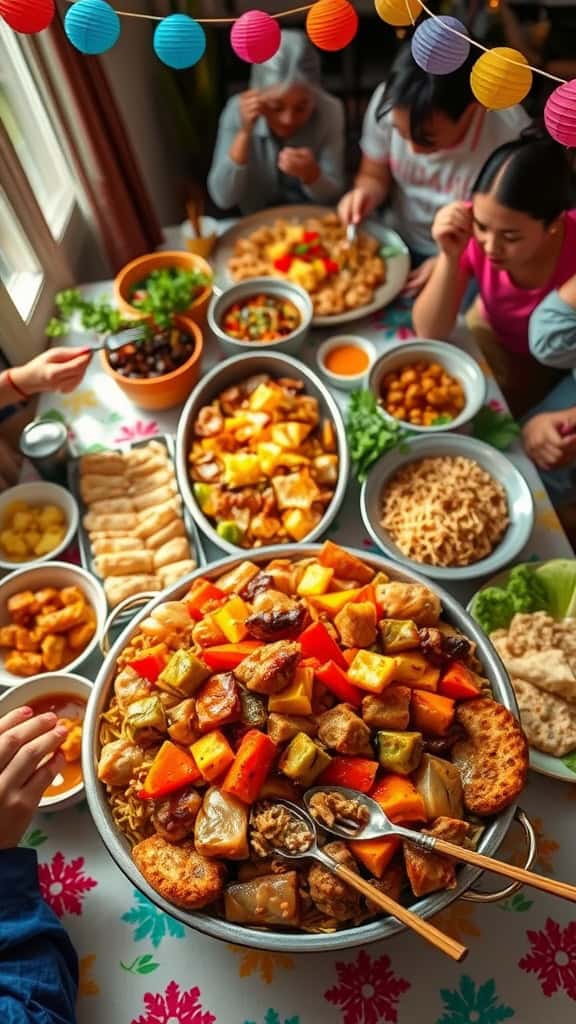 A table laden with various Filipino dishes, featuring a large bowl of stir-fried noodles surrounded by colorful side dishes.