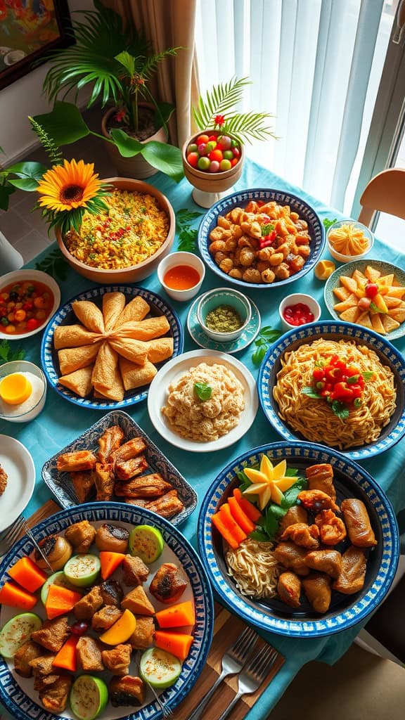 A colorful display of various Filipino dishes served on platters for a party.