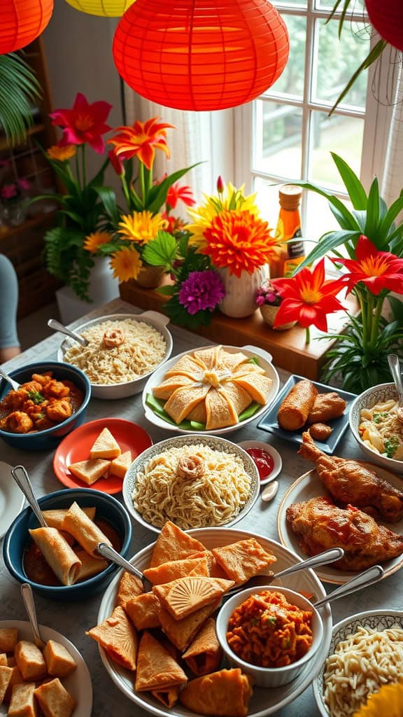 A vibrant Filipino food spread featuring various dishes including spring rolls and noodles