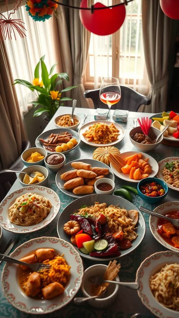 A vibrant display of various Filipino party foods including noodles, meat dishes, and tropical fruits.