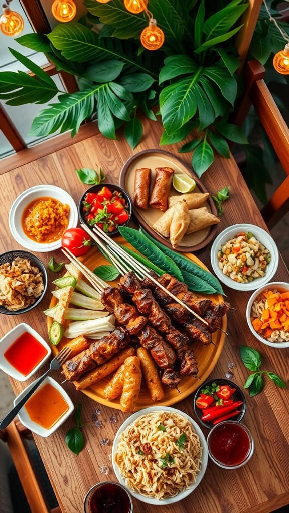 A colorful assortment of Filipino street food including BBQ pork skewers, spring rolls, and side dishes.