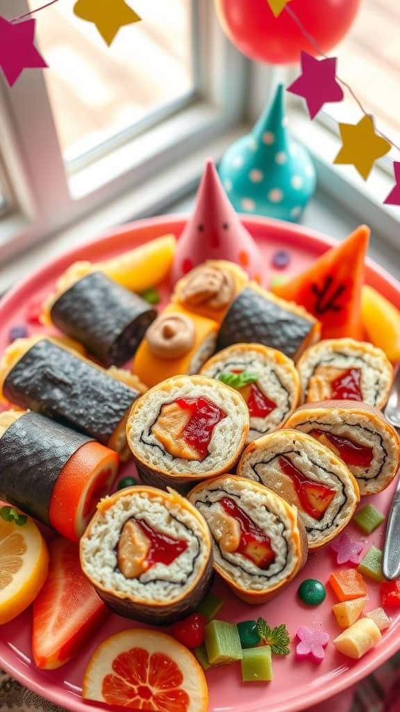 Colorful pb&j sushi rolls served on a plate with fruit and candy decorations.