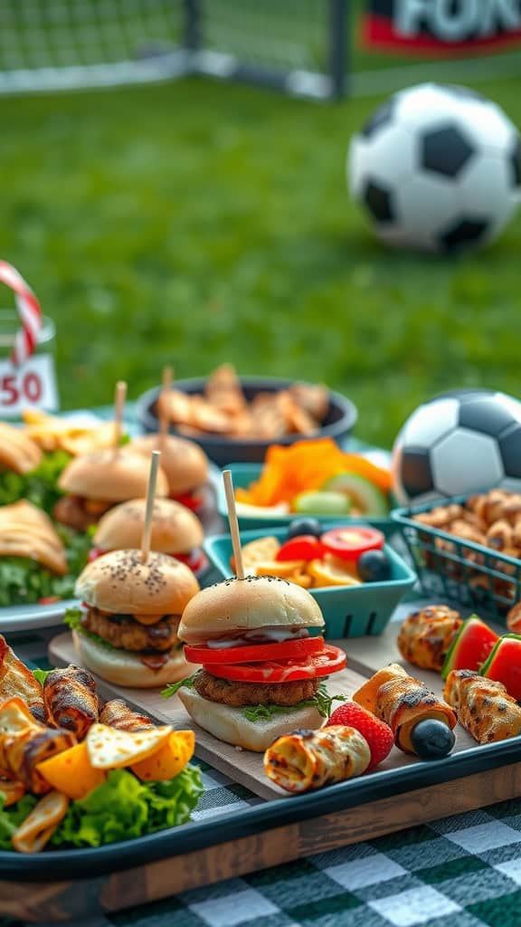 A selection of finger foods including mini burgers, fruit skewers, and assorted snacks for a soccer party.