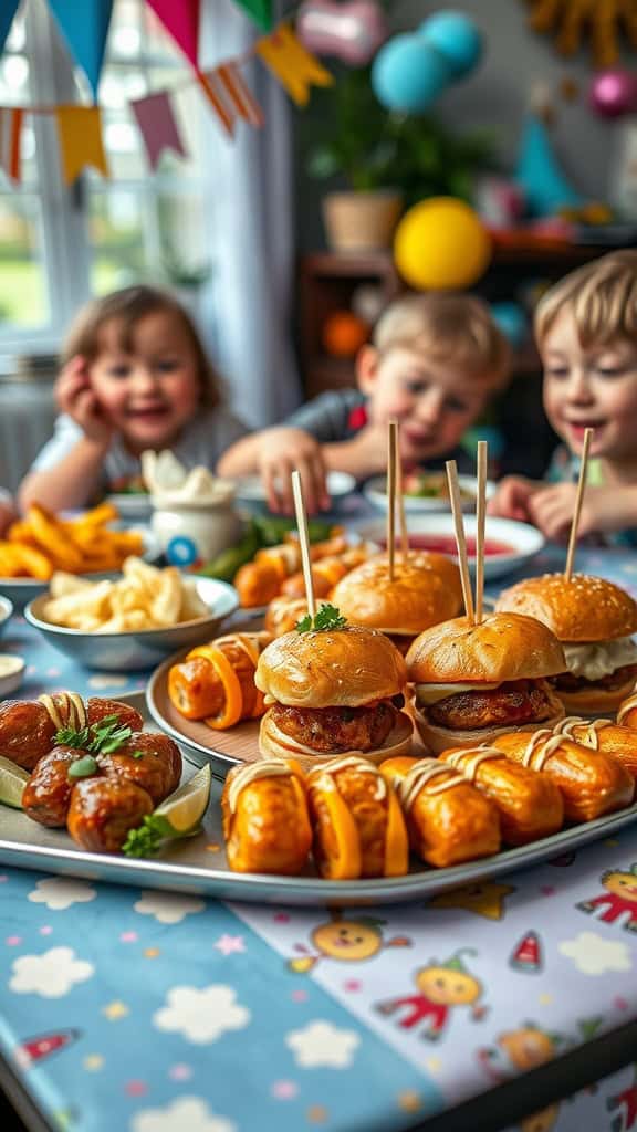 A festive table filled with kid-friendly party food including mini sliders and finger foods.