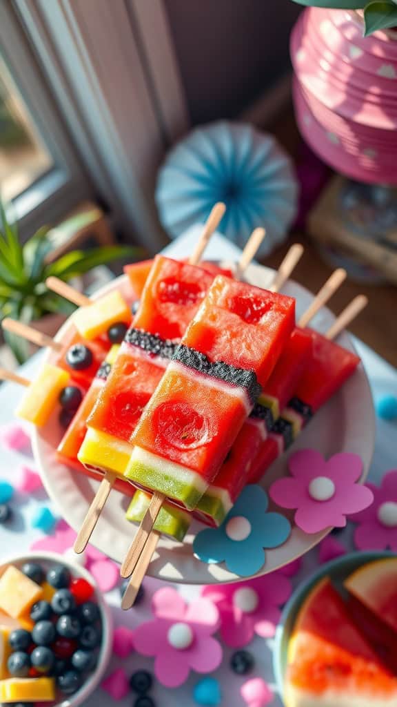 Colorful fruit skewers arranged on a plate, perfect for a gender reveal party.