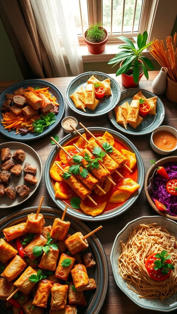 A variety of Filipino party appetizers including skewers and noodle dishes.