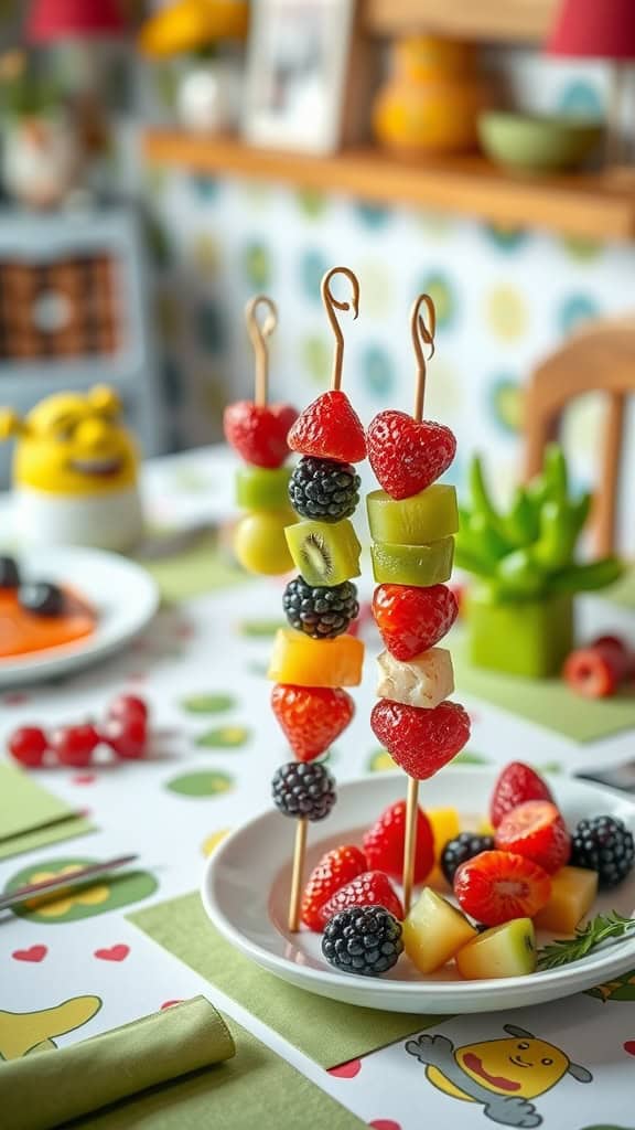 Colorful fruit skewers with strawberries, kiwi, melon, and blackberries on a plate.