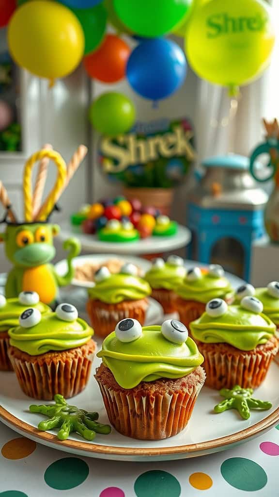 Plate of frog-shaped cupcakes with green frosting and candy eyes at a Shrek-themed party