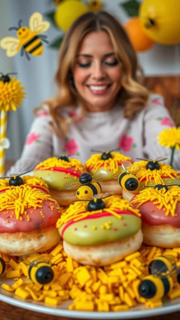 A plate of colorful decorated donuts perfect for a bee-themed party.