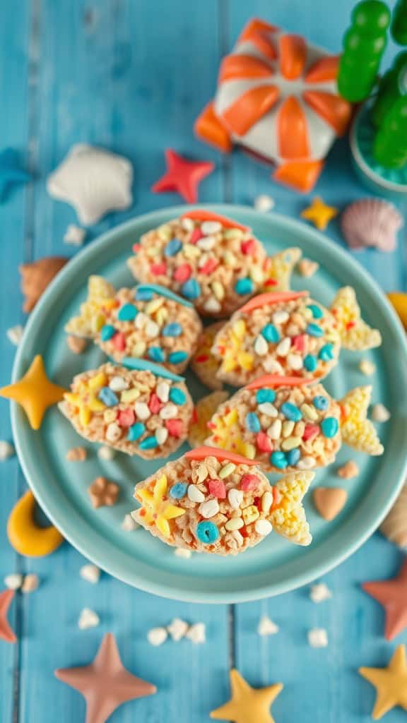 Fish-shaped Rice Krispies treats decorated with colorful sprinkles.